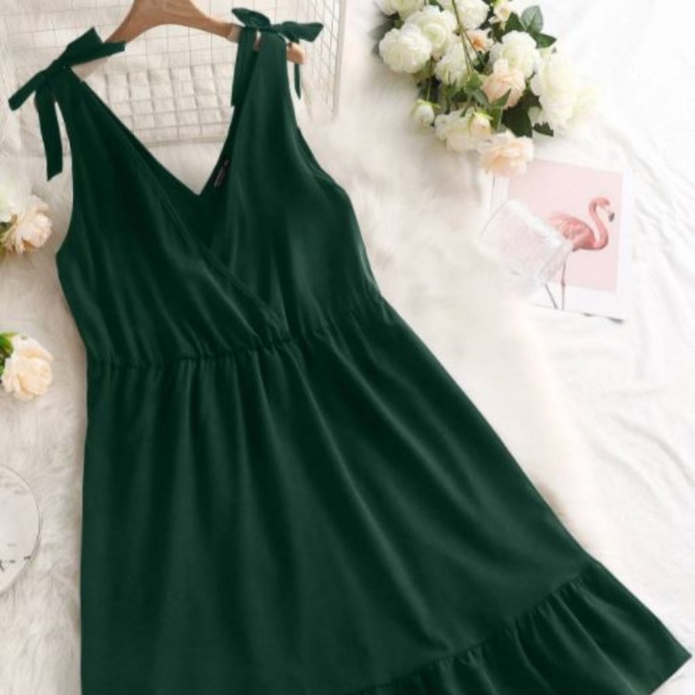 Plus Surplice Front Knot Shoulder Ruffle Hem Dress